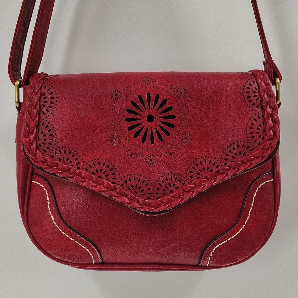 New Laser Cut Out And Braided Faux Leather Crossbody Shoulder Bag Flap Over